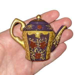 Miniature Teapot Figurine | Burgundy and Gold with Flowers